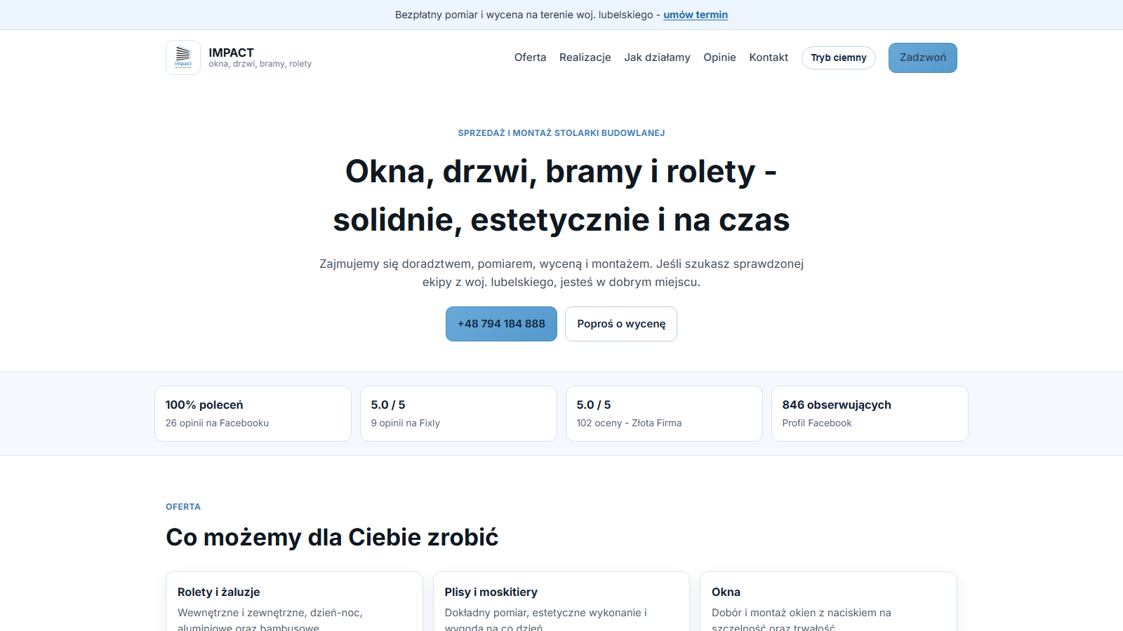 Podgląd strony IMPACT - okna, drzwi, bramy, rolety
